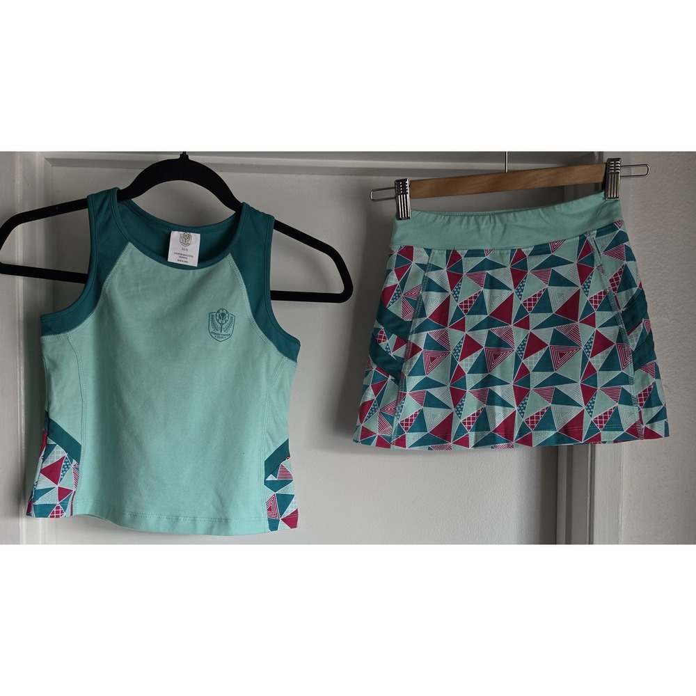 Street Tennis Club Girls Athletic Set M/8 Teal Mint Pink Geometric Skort Top